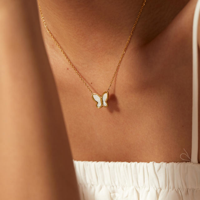 14KG white shell butterfly stainless steel necklace
