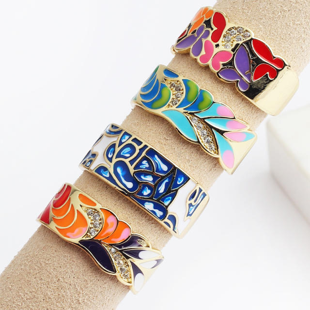 Color enamel butterfly flower copper finger ring