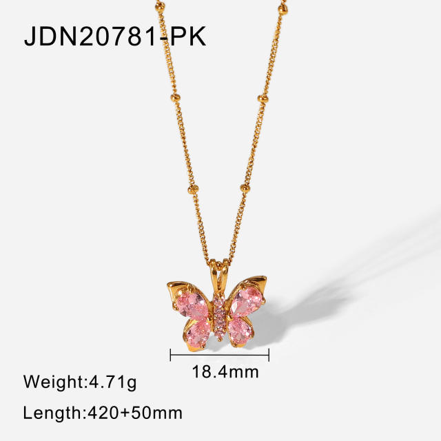 18KG stainless steel pink butterfly pendant dainty necklace