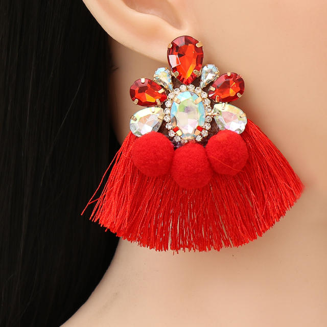 Boho color ball rhinestone rope tassel earrings