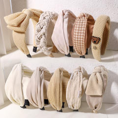 Beige color series knot plaid headband