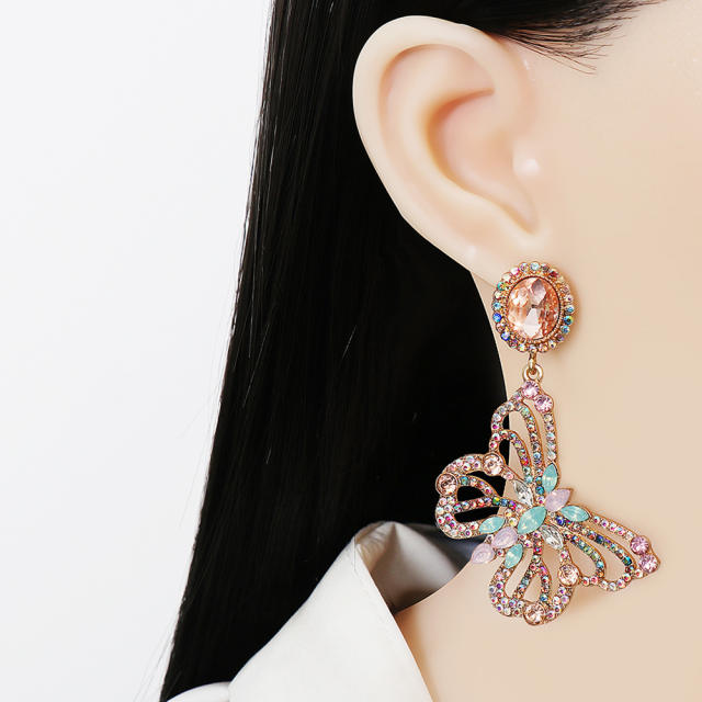 Color rhinestone hollow butterfly earrings