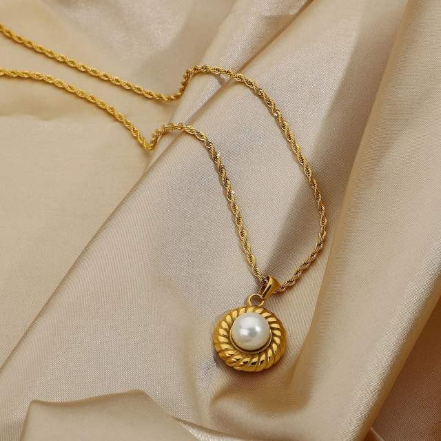 Elegant rope chain with the round pearl pendant stainless steel necklace