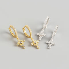 S925 sterling silver diamond tiny cross huggie earrings