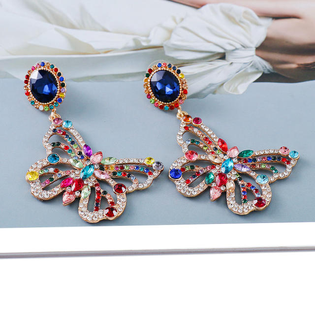 Color rhinestone hollow butterfly earrings