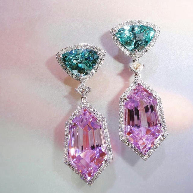 3A pink color cubic zircon irregular shaped copper earrings