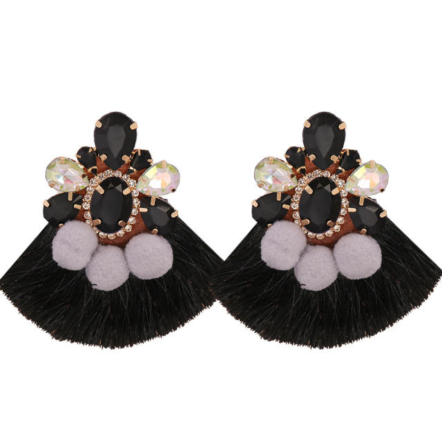 Boho color ball rhinestone rope tassel earrings