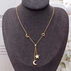 Hollow out clover and star moon pandent stainless steel necklace