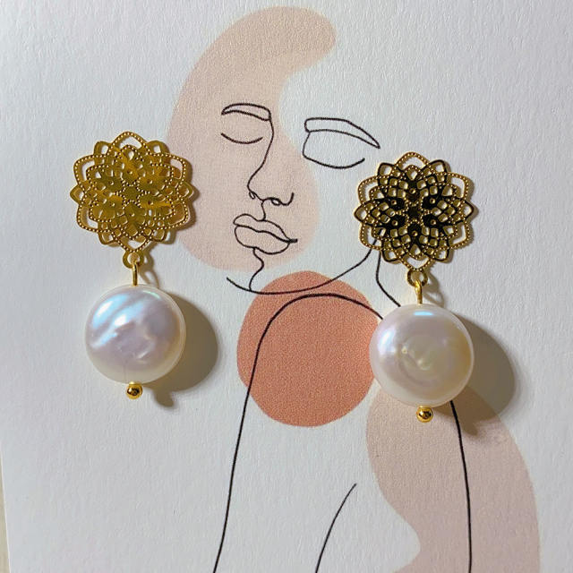 Chic baroque pearl drop stainless steel earrings