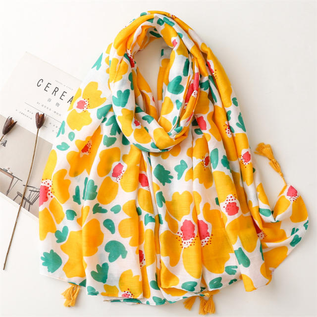 Spring yellow color floral pattern women fashion scarf