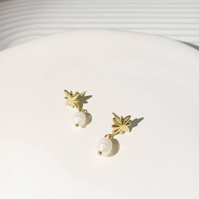 Vintage baroque pearl stainless steel star drop earrings