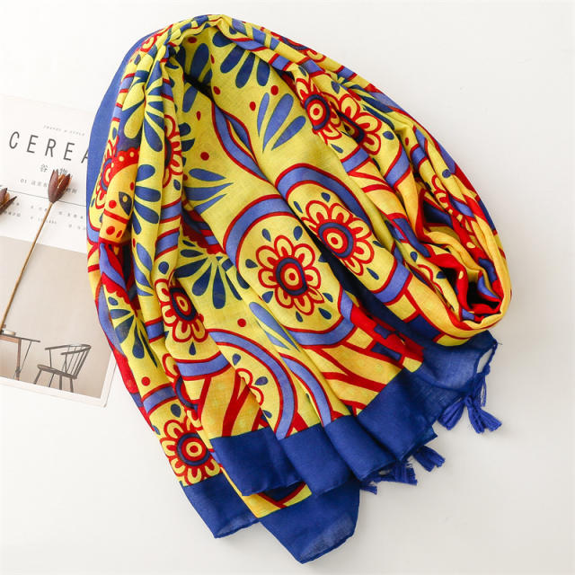 Vintage geometric pattern yellow blue color fashion scarf