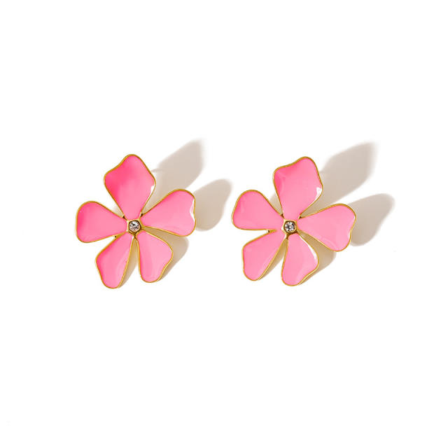 Personality color enamel clover flower fan shape stainless steel earrings