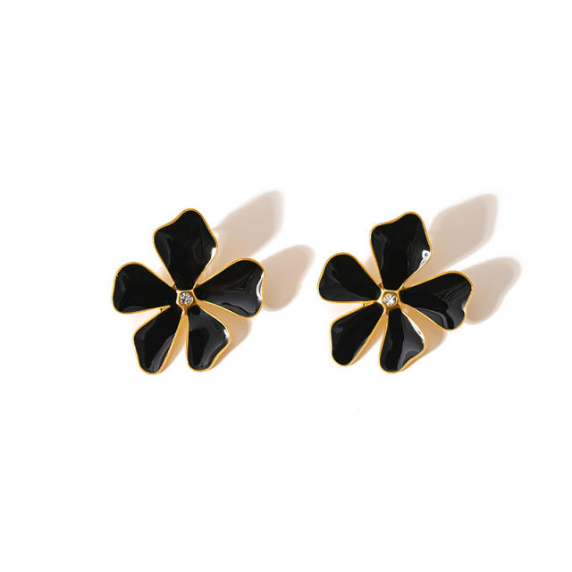 Personality color enamel clover flower fan shape stainless steel earrings