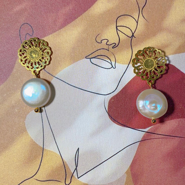 Chic baroque pearl drop stainless steel earrings