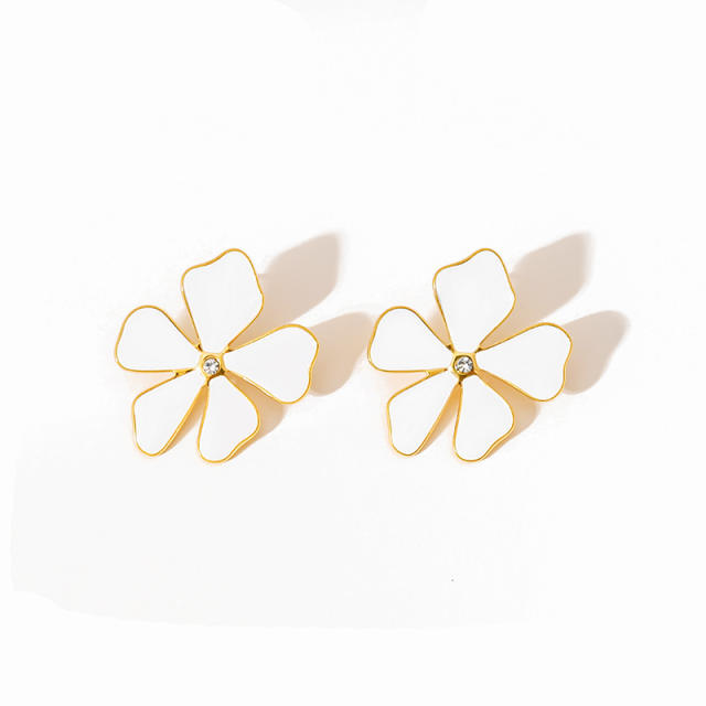 Personality color enamel clover flower fan shape stainless steel earrings