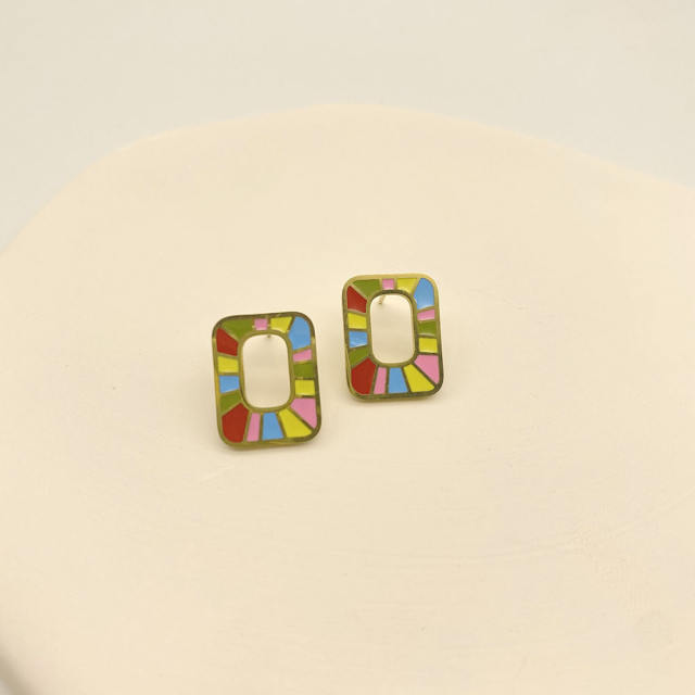 Personality color enamel geometric shape stainless steel studs earrings