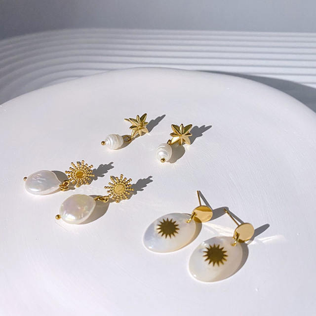 Vintage baroque pearl stainless steel star drop earrings