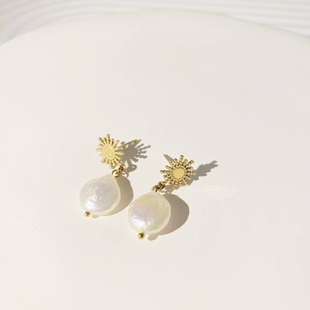 Vintage baroque pearl stainless steel star drop earrings