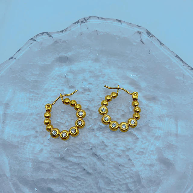 18K vintage pearl bead stainless steel geometric hoop earrings