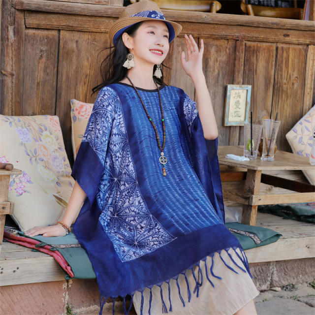 Vintage blue color national trend summer shawl scarf