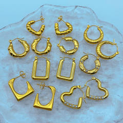 18K vintage pearl bead stainless steel geometric hoop earrings