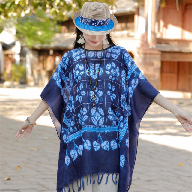 Vintage blue color national trend summer shawl scarf