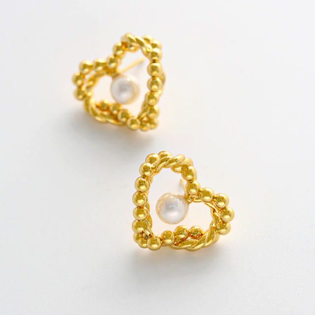 Vintage twisted heart pearl gold plated copper studs earrings