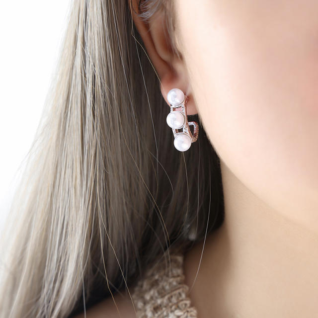 Vintage pearl bead stainless steel open hoop earrings