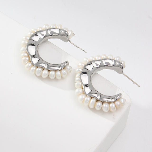 925 needle pearl open hoop earrings