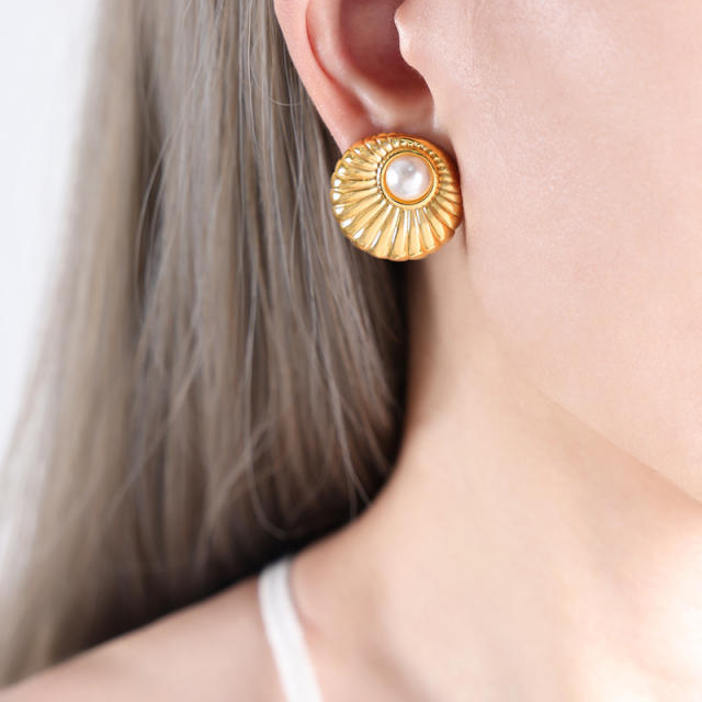Imiatiaon pearl moonstone stainless steel round studs earrings