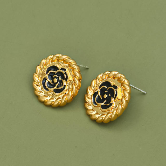 Vintage enamel camellia flower round shape copper studs earrings