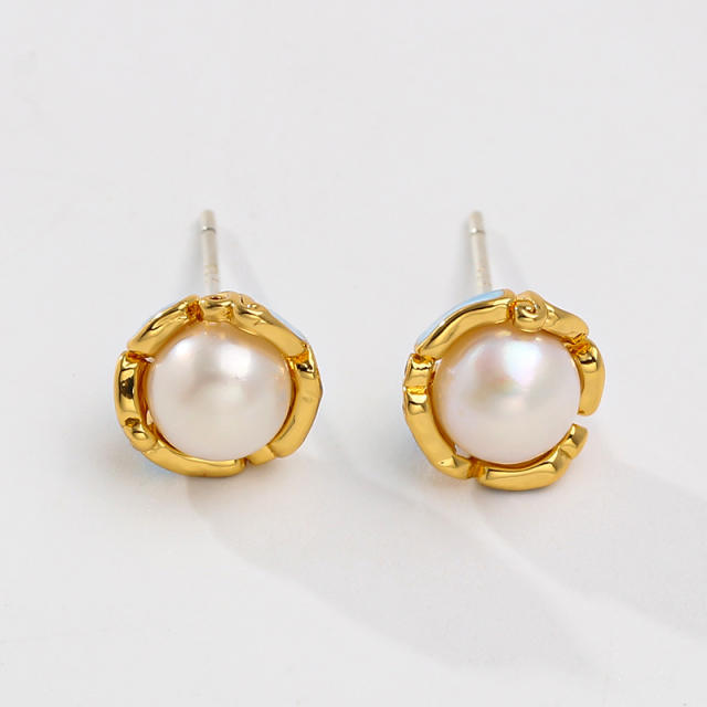 925 needle sweet enamel flower pearl studs earrings