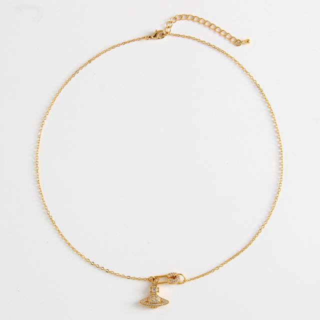 18K delicate diamond paperclip saturn pendant copper necklace