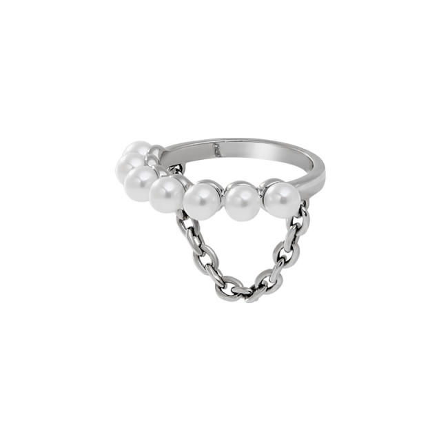 Personality silver chain pearl bead finger rings