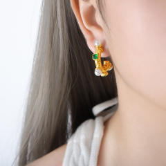 Vintage baroque pearl emerald stainless steel open hoop earrings
