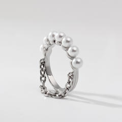 Personality silver chain pearl bead finger rings