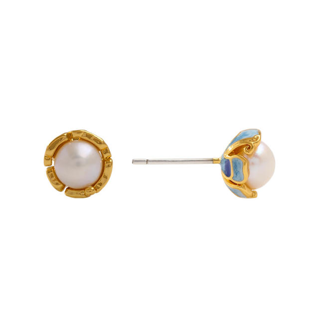 925 needle sweet enamel flower pearl studs earrings