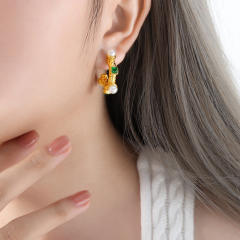 Vintage baroque pearl emerald stainless steel open hoop earrings