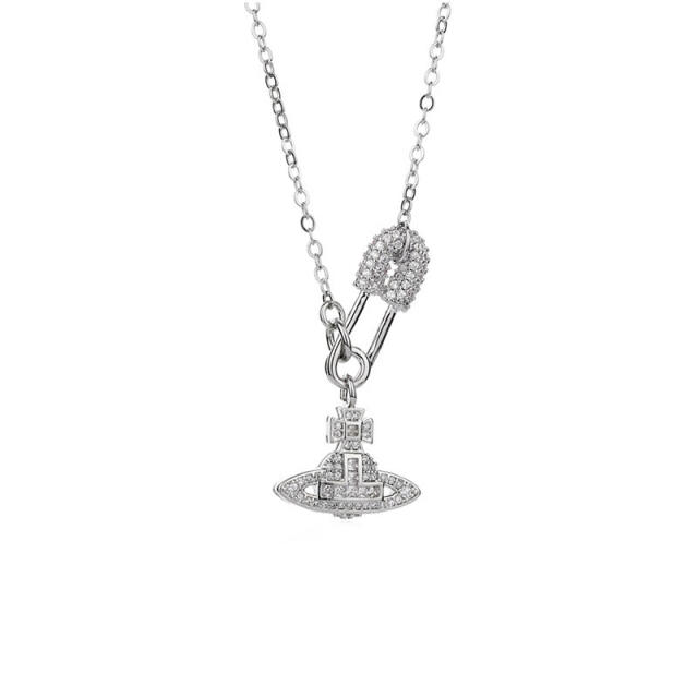 18K delicate diamond paperclip saturn pendant copper necklace