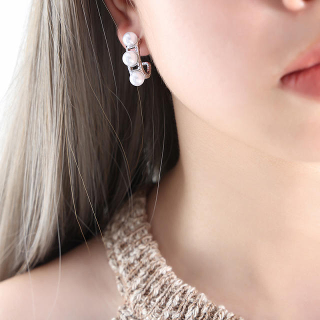 Vintage pearl bead stainless steel open hoop earrings