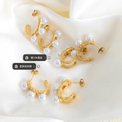 Vintage pearl bead stainless steel open hoop earrings