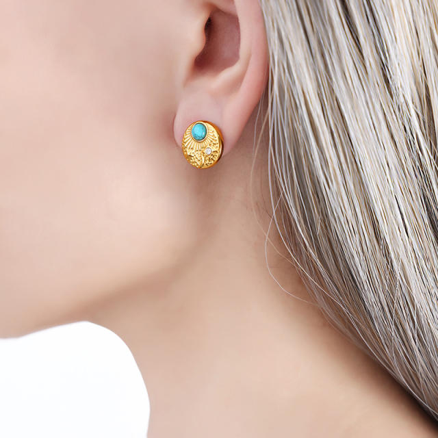 Vintage turquoise stainless steel coin studs earrings