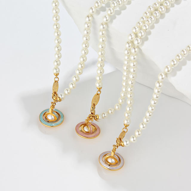 Famous brand color enamel saturn pendant pearl necklace