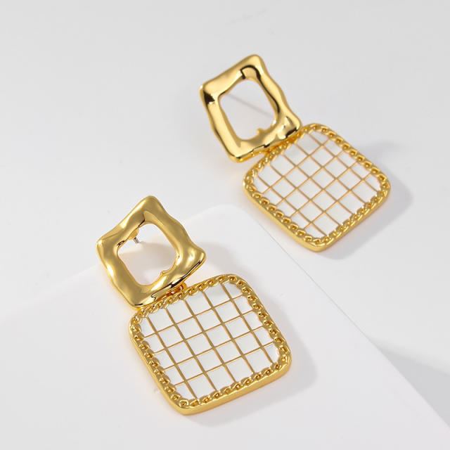 925 needle classic checkered pattern square copper earrings
