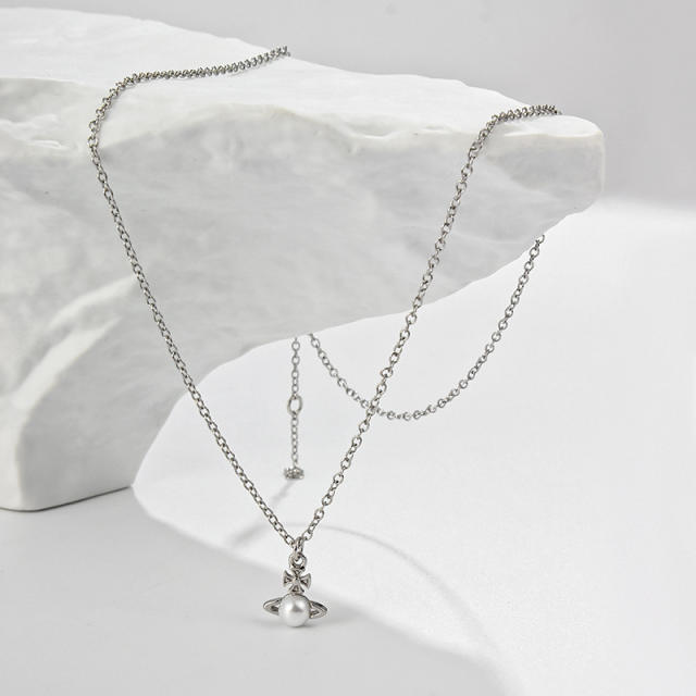 Delicate famous brand pearl diamond saturn pendant women necklace