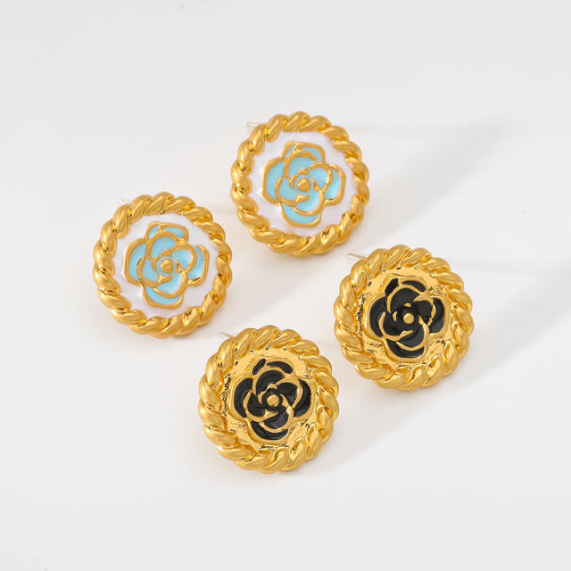 Vintage enamel camellia flower round shape copper studs earrings