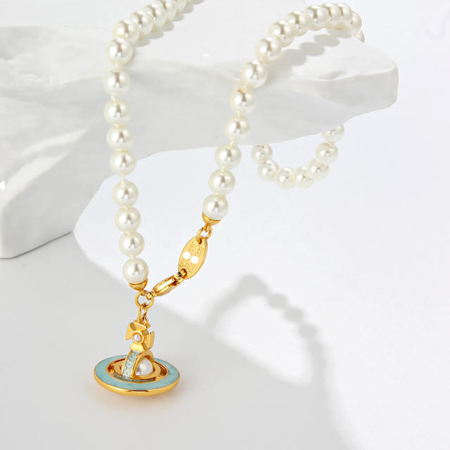 Famous brand color enamel saturn pendant pearl necklace