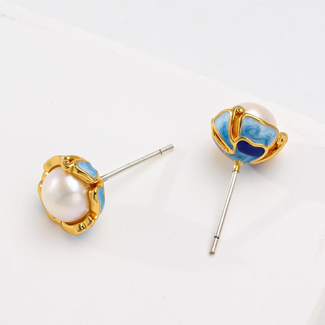 925 needle sweet enamel flower pearl studs earrings