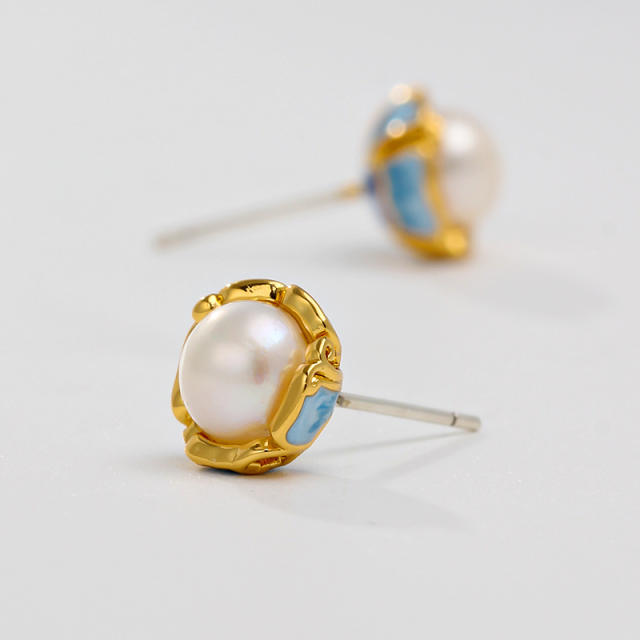 925 needle sweet enamel flower pearl studs earrings